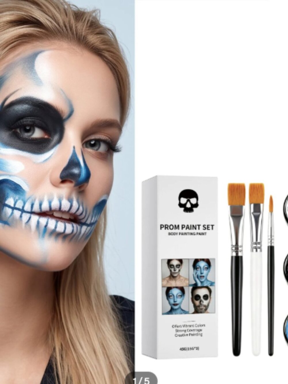 Halloween Face & Body Paint Kit | Black White Blue + Brushes